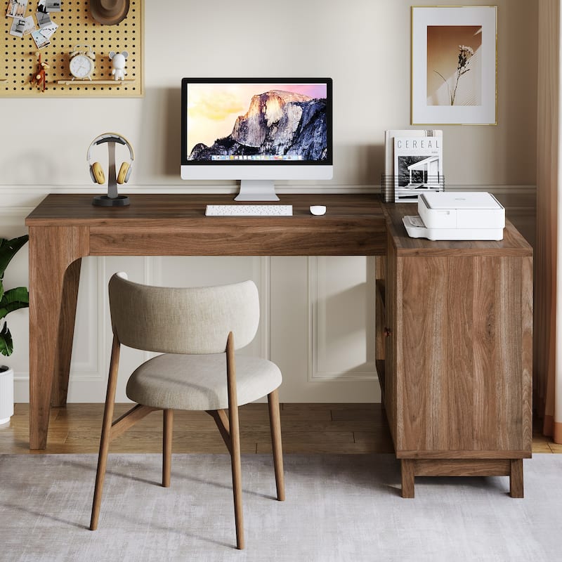 57'' Wood L-Shaped Corner Computer Desk Writing Table with Cabinet