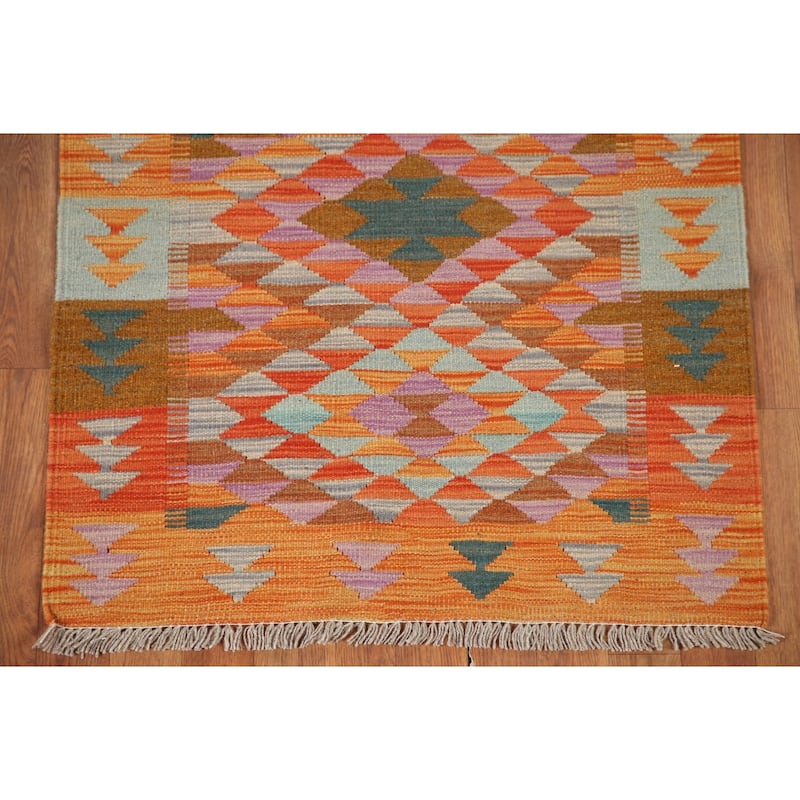 Hand Woven Oriental 100% Wool Carpet Southwestern All-Over Multi-Colored Kilim Runner Rug - 11' 6'' X 2' 10''