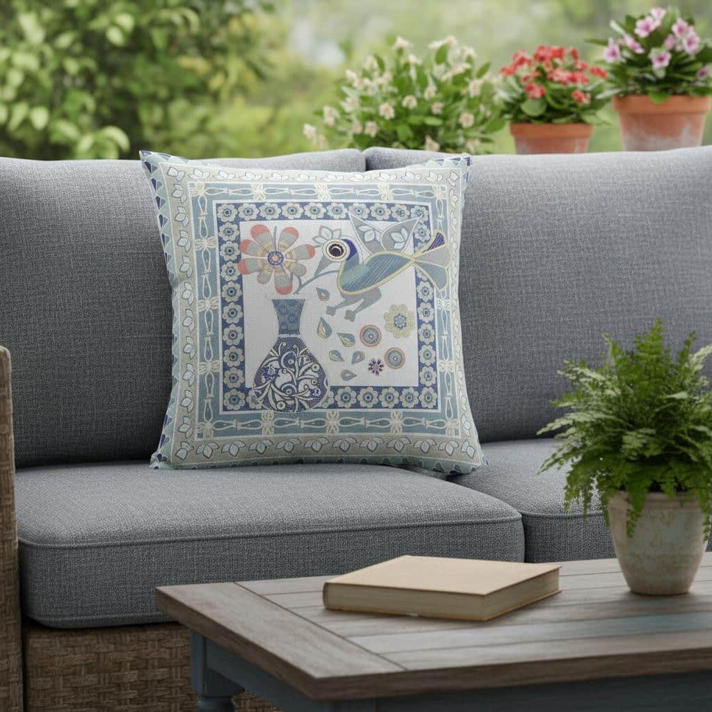 HomeRoots 26" x 26" Blue and White Peacock Blown Seam Floral Indoor Outdoor Throw Pillow - 26.00' X '5.00' X '26.00