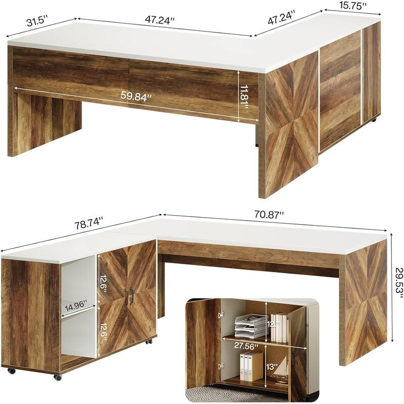 63-inch L-Shaped Desk, Modern Executive Office Desk with Mobile File Cabinet