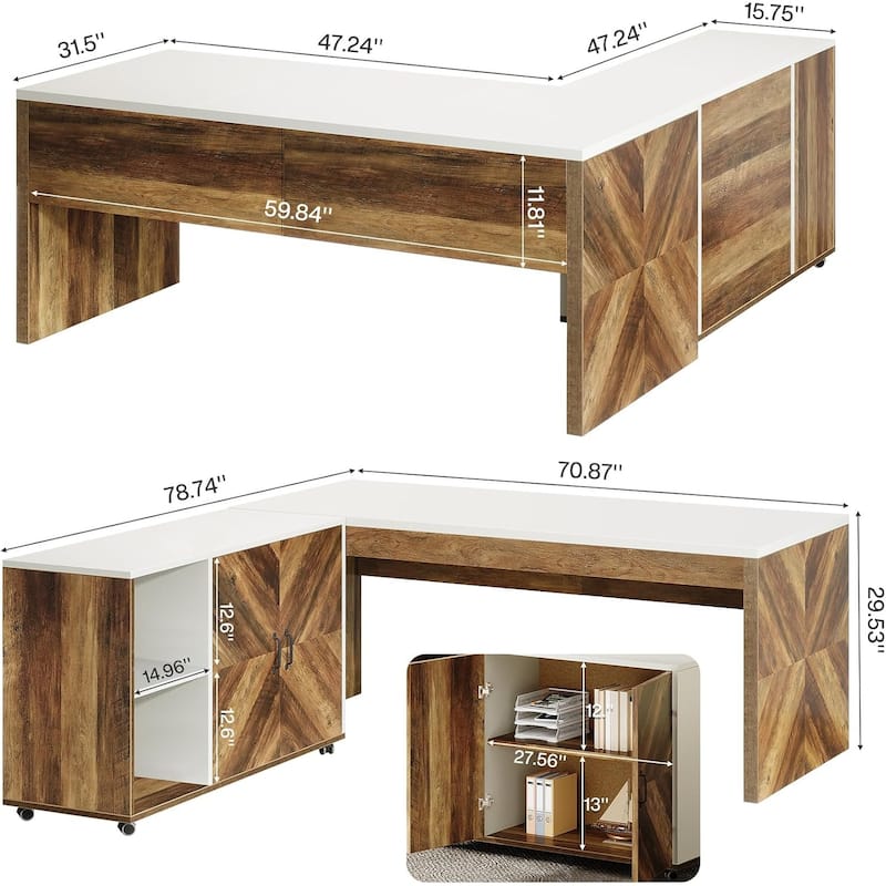 Modern Executive Office Desk with Mobile File Cabinet, 63-inch L-Shaped Desk,