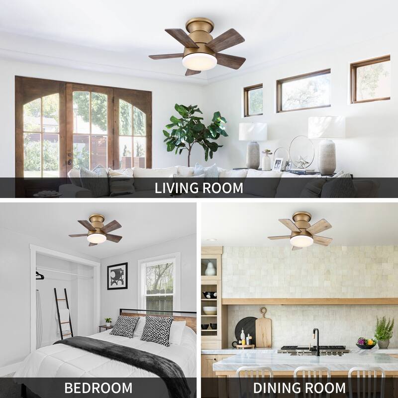 24" Aged Brass Wooden Small Dimmable Hugger Ceiling Fan with Light