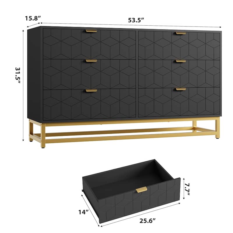 53.5" Modern 6-Drawer Dresser with Metal Legs, Wide Storage Chest of Drawers for Bedroom, Living Room, Entryway