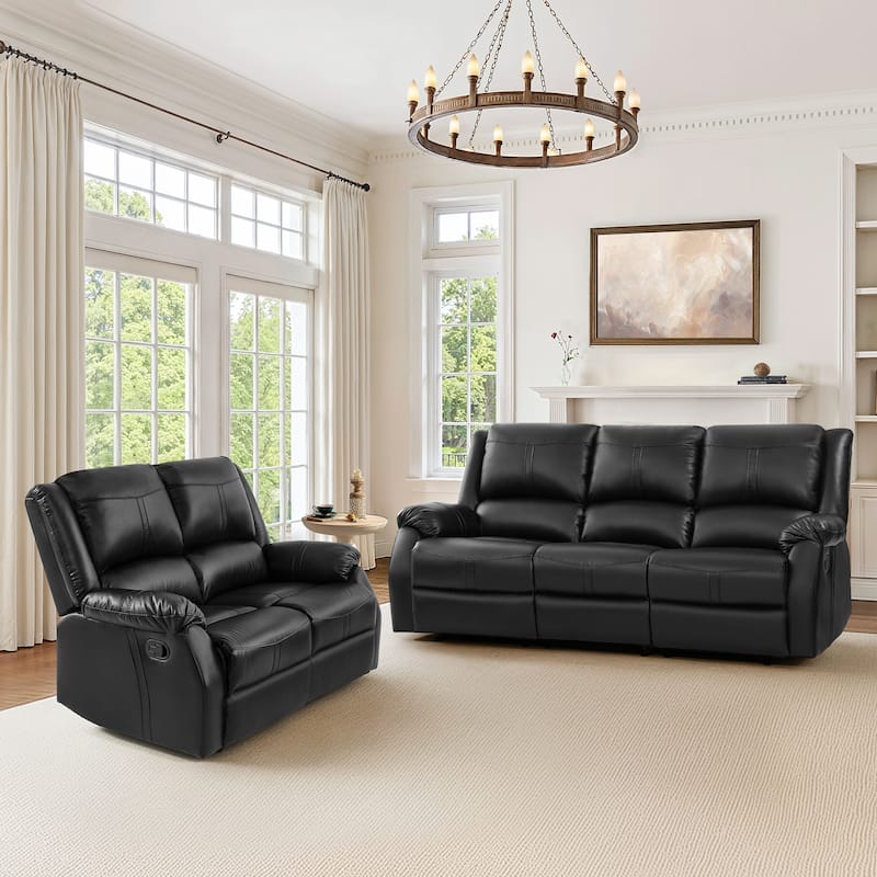 Modern Manual Recliner Chair, 2-Piece Faux Leather Reclining Sofa Set For Living Room, Black / Saddle Brown / Brown Double Color - Black