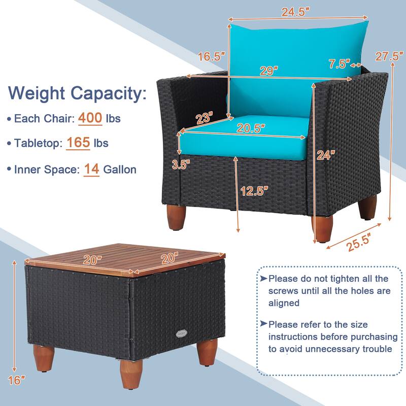 Gymax 3PCS Patio Rattan Conversation Set Outdoor Furniture Set w/