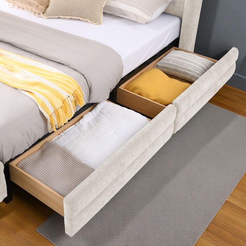 Queen Size Upholstered Bed Frame with Chenille Headboard and Underbed Storage Drawer, Solid Platform Design