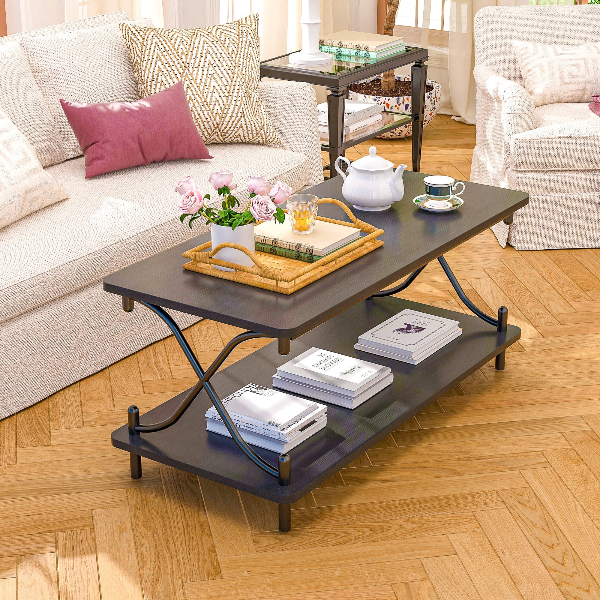 VECELO Modern 39" Coffee Table with 2‑Tier Open Shelf X‑Frame Metal Legs Living Room Center Table with Storage Easy Assembly