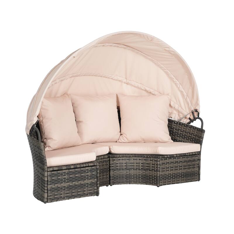 Outdoor Round Daybed with Retractable Canopy, Cushions, Table,Set of 5