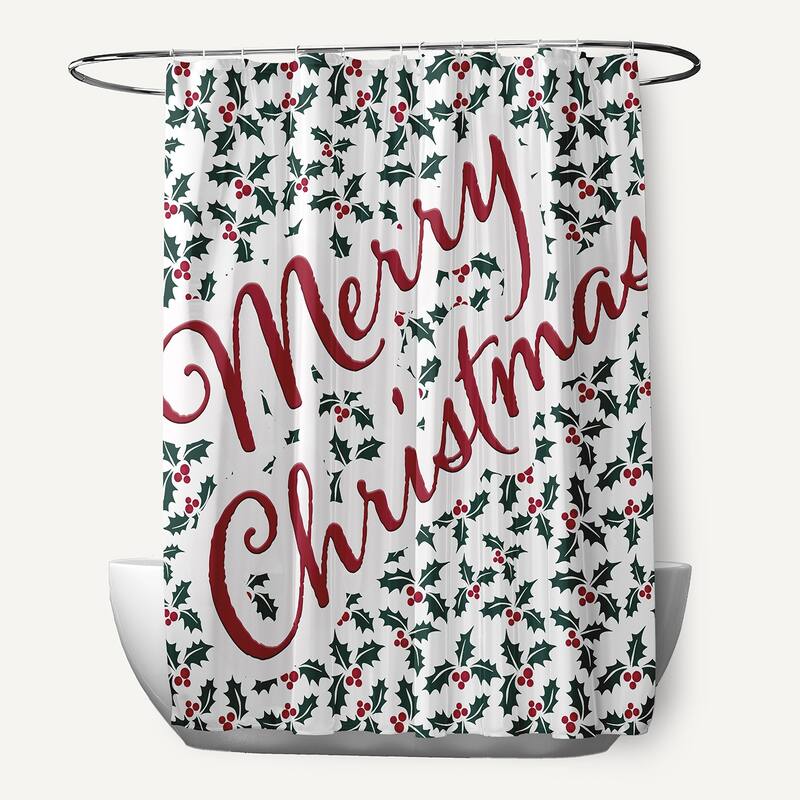 Merry Christmas with Holly Shower Curtain - Christmas Green