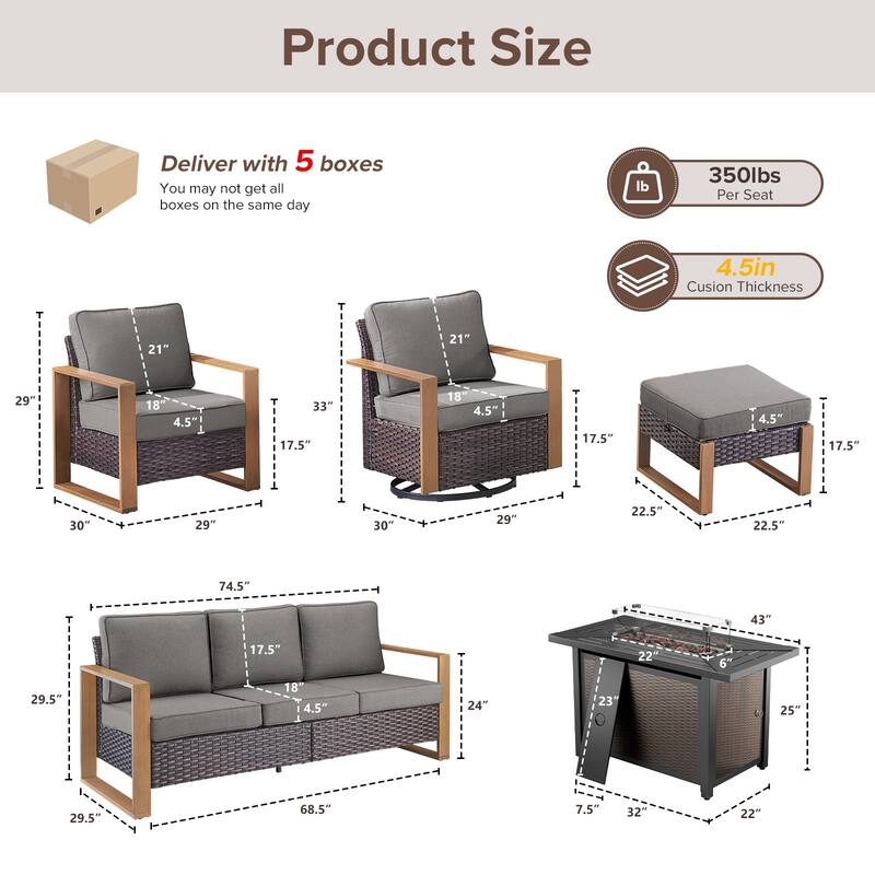 Meyreso Wicker Outdoor Patio Metal Fire Pit Set with Swivel Gliders and Olefin Cushions