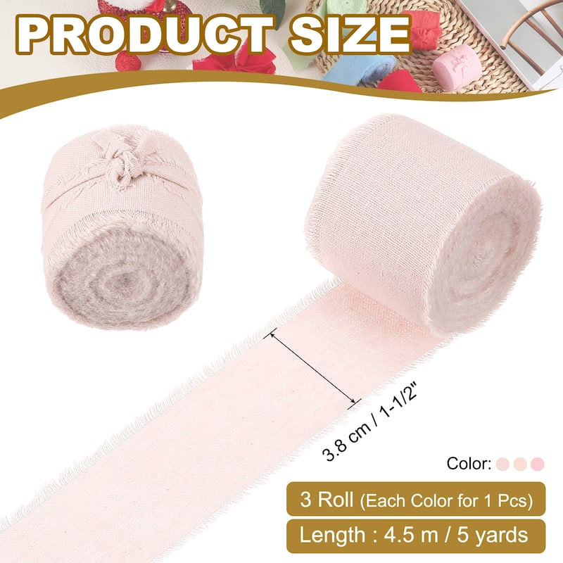 1-1/2"x15 Yd Handmade Fringe Cotton Ribbon Frayed Ribbons 3 Roll - 5Yd - Pink/Apricot/Light Pink