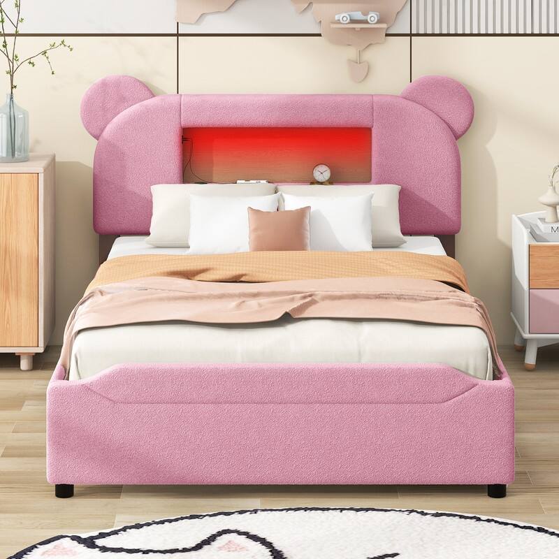 Pink Full Size Upholstered Platform Bed with 2 Drawers and LED