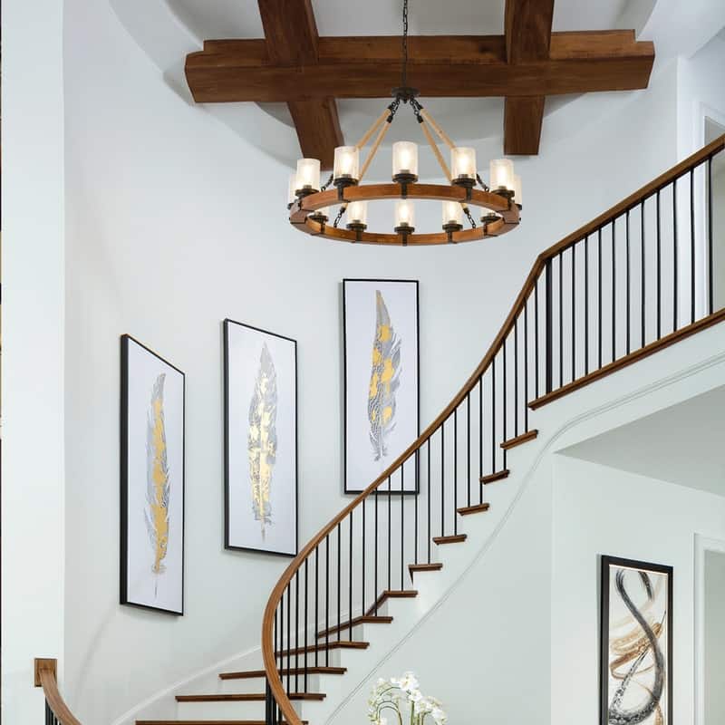 Farmhouse Wagon Wheel Chandelier Round Wood Pendant Lighting Fixture for Dining Room