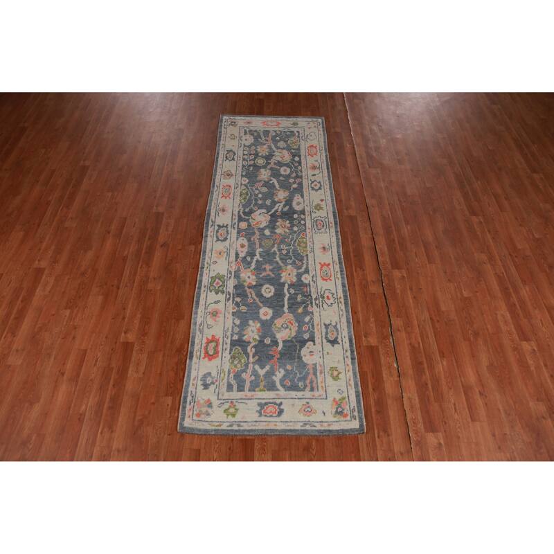 Hand Knotted Oriental 100% Wool Carpet Transitional Floral Navy Blue & Blues Oushak Runner Rug - 8' 10'' X 3' 0''