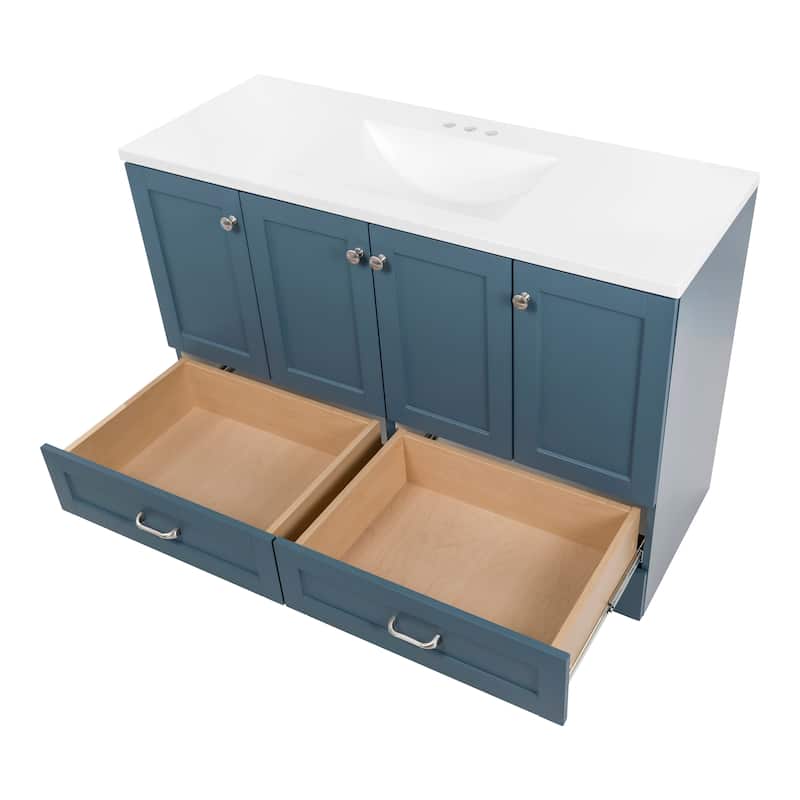 Spring Mill Cabinets Emlyn 48.5" Bathroom Vanity With Shelves, Drawers, and White Sink Top