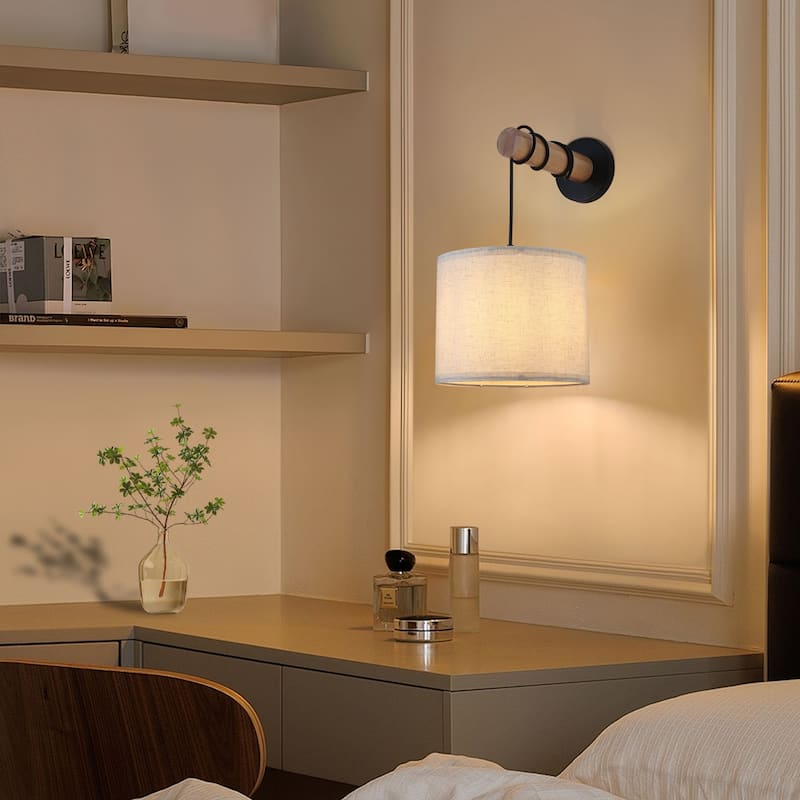 Starsky Indoor Wall Light Wall Sconces with White Fabric Linen Lampshades and Oak Wood Arm, Set of 2 - set of 2