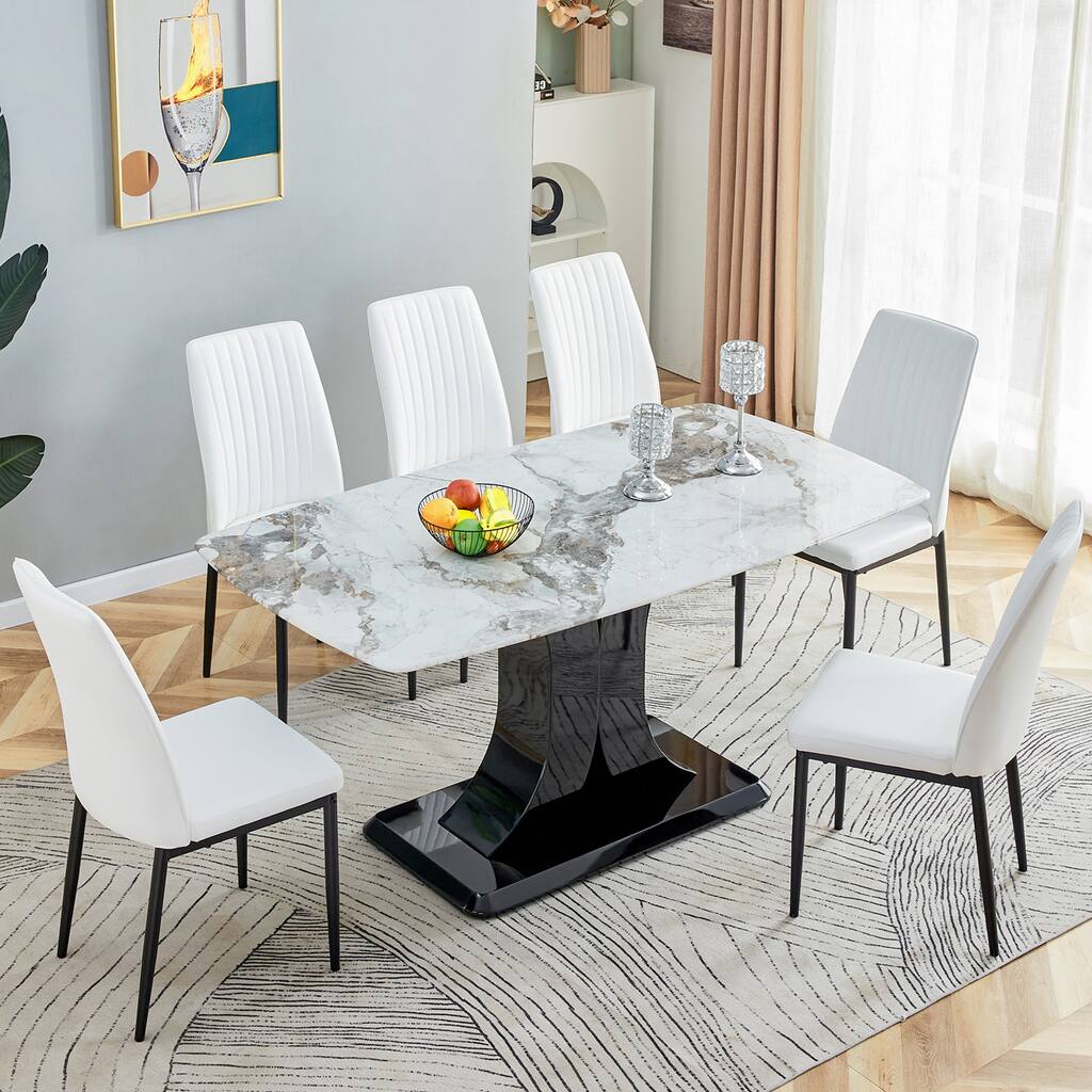 Faux Marble Dining Table Set with Convertible Base,Kitchen Table for 6-8,Dining Room Table with MDF Base,Dining Table & 6 Chairs