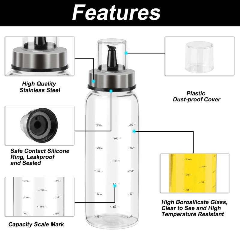 Olive Oil Dispenser Bottle, Drip-Free Spout with ml Marks for Kitchen - Clear, Black - 300ML