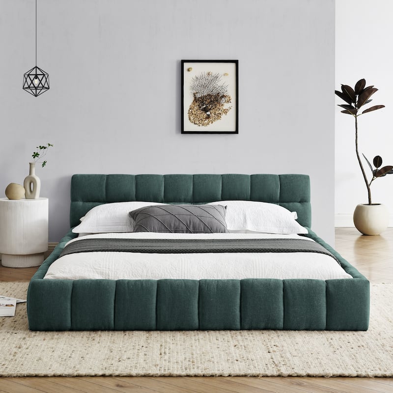 Chenille Fabric Grounded Queen Size Platform Bed with Headboard and Solid Frame