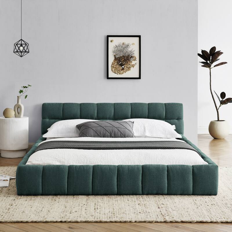 Queen Size Upholstered Platform Bed with Headboard, Chenille Fabric, No Box Spring Needed, Green (68''x86.5''x23.5'')