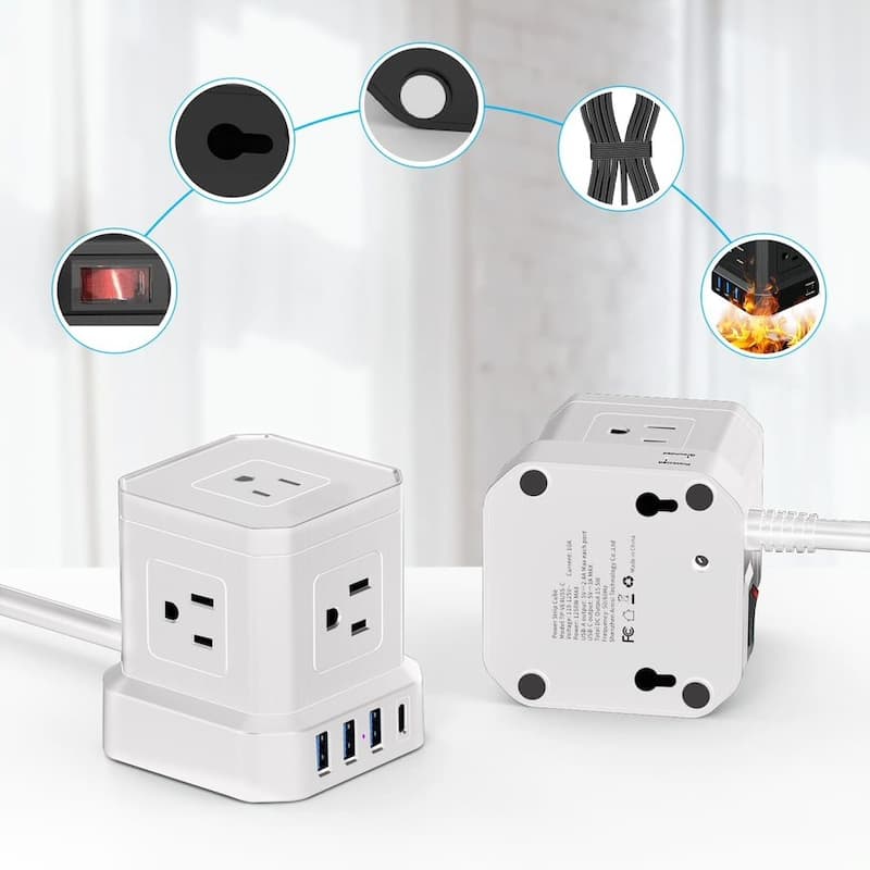Cube surge protector power strip with usb ports 10ft extension cord