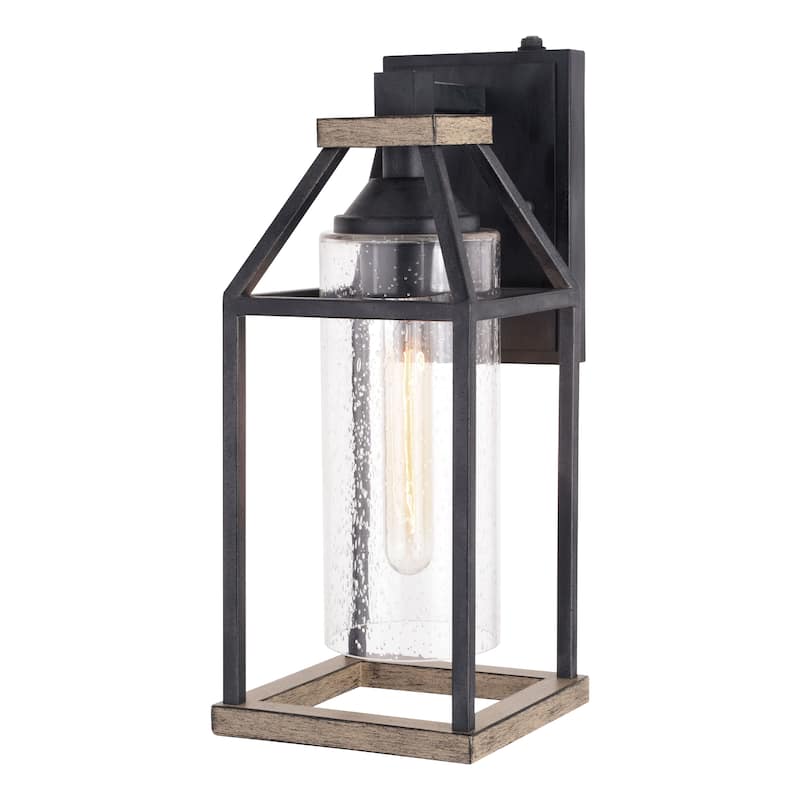 Napier 6.25-in Black Outdoor Farmhouse Wall Lantern, Dusk to Dawn Photocell, Clear Seeded Glass - 6.25-in W x 15-in H x 7.5-in D