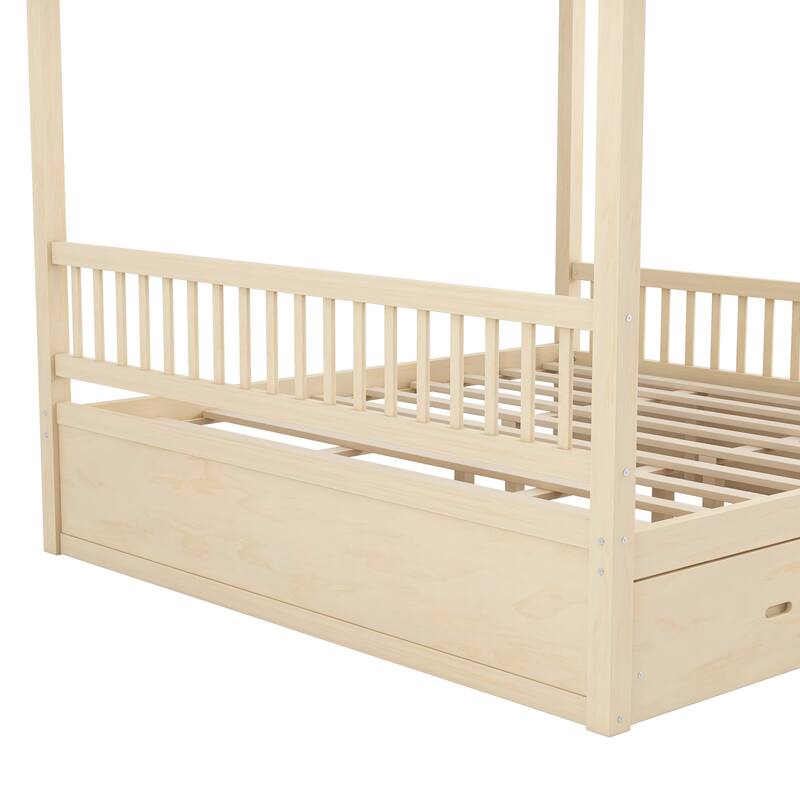 Wooden Canopy Bed Frame with Storage Drawers, Modern Poster Bed, Available in Queen or King
