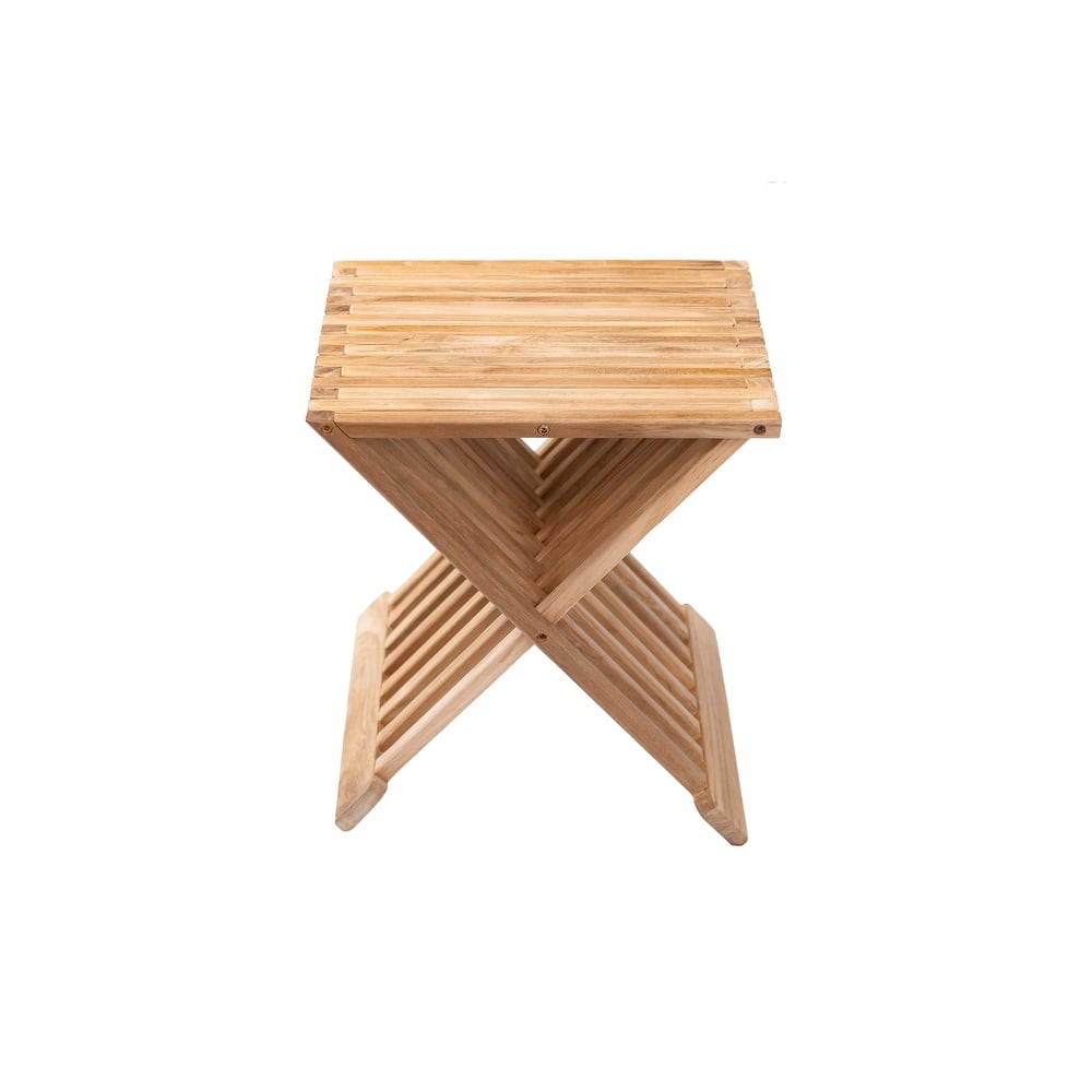 Nordic Style Natural Teak Folding Stool with Horizontal Slats - Beige