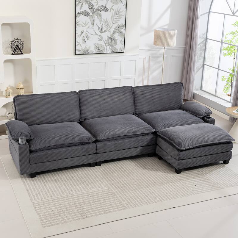 113" L Shaped Sectional Sofa, Deep Seat Cloud Couch with Ottoman, Oversized Corduroy Couch with Cup Holders, Storage Bags
