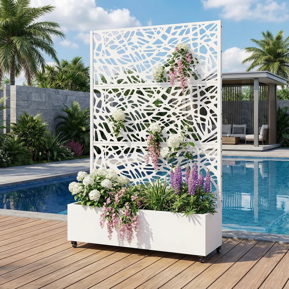 Metal Galvanized Planter Box with Trellis Privacy Screen Lockable Wheels