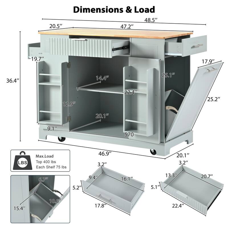 Fluted Kitchen Island With Trash Can Storage Cabinet(no include stool)