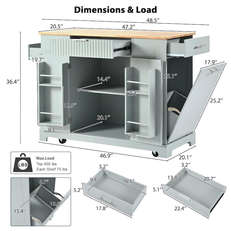 Fluted Kitchen Island with Trash Can Storage Cabinet, Kitchen Cart with Power Outlet Rolling Kitchen Islands on 5 Wheels