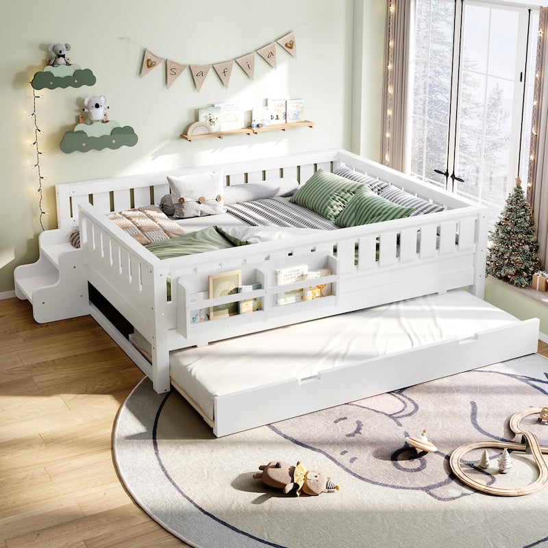 Montessori Toddler Bed with Fence, Low Profile Platform Bed for Kids with Trundle, Built-in Bookshelf and Small Staircase - White - Full