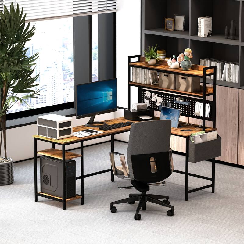 Reversible L-Shaped Corner Desk with Power Outlet & LED Lights