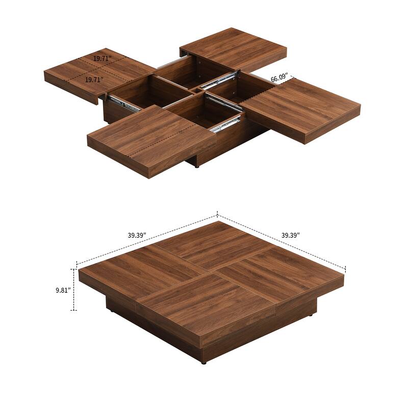 Wooden Square Coffee Table, with Four Storage Compartments Underneath Sliding Top