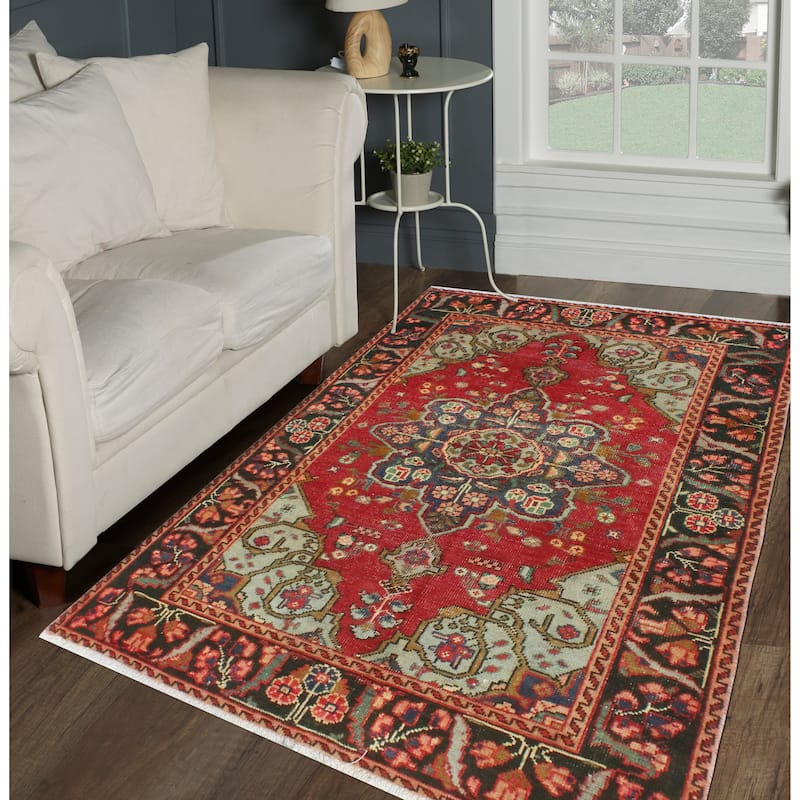 Fine Vintage Distressed Sher Red/Charcoal Rug - 4'3" x 6'6"