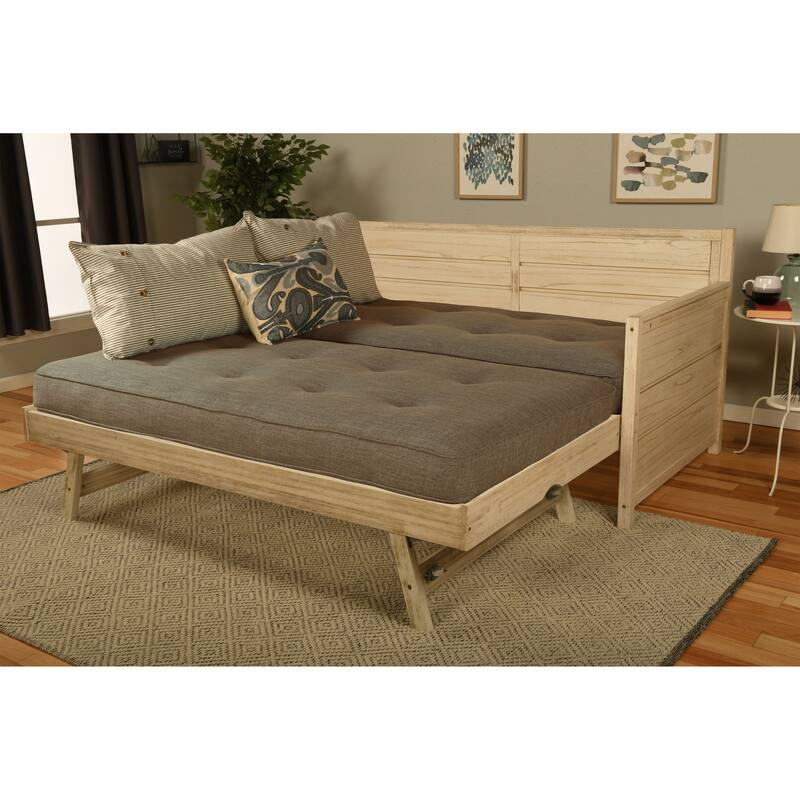 Somette Marisa Daybed with Pop Up Trundle in Weathered White with Mattresses - Linen Stone