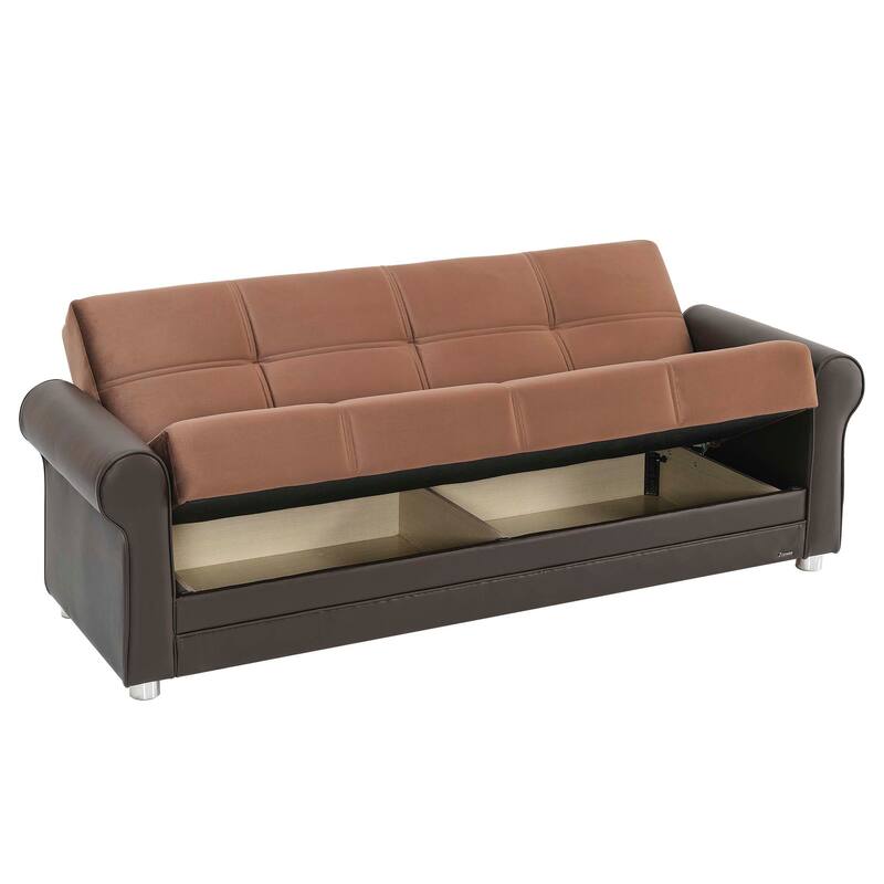 HomeRoots 89" Brown Polyester Convertible Futon Sleeper Sofa And Toss Pillows With Storage