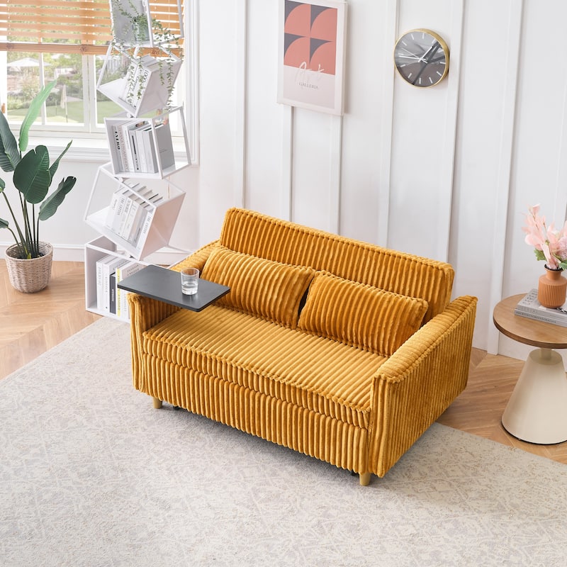 The Pull-Out And Push-In Corduroy Sofa With Dual Functions,Equipped With A Movable Tabletop And Usb Ports,Is Suitable