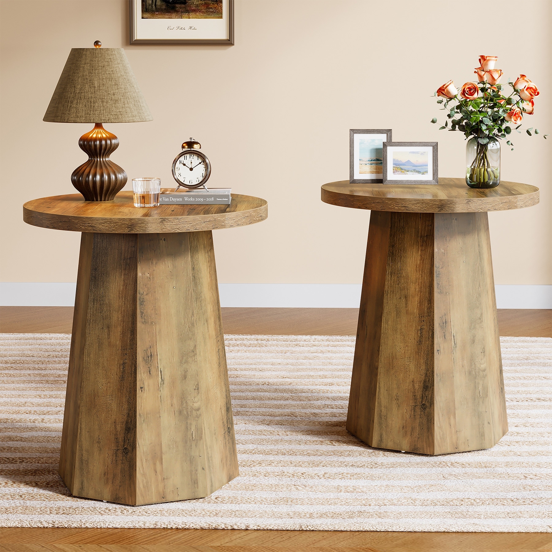Farmhouse Wood Round End Side Couch Table with Octagonal Base