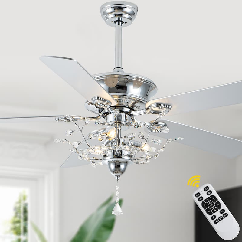 Bella Depot 52-inch Modern Crystal Ceiling Fan with Light Kit and Remote, 6-Speed Reversible Fandelier - 52" - Chrome