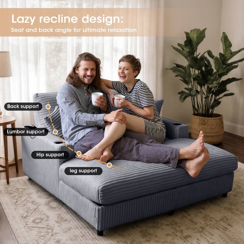 GDFStudio - Polyester 50.9" Loveseat Chaise with Cup Holders - Gray