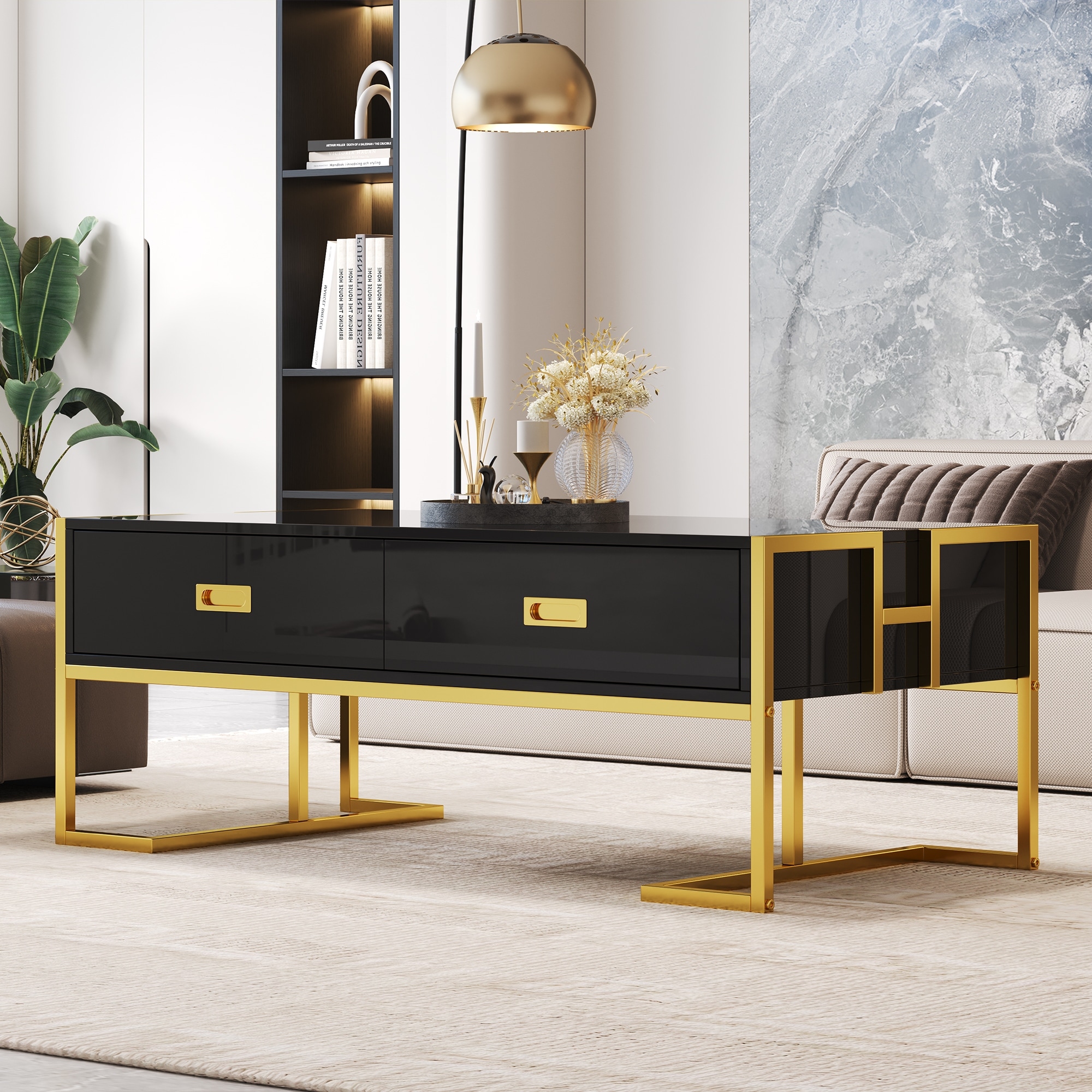 Roomfitters Modern Rectangular Coffee Table with Gold Base, 4 Storage Drawers, High Gloss Finish, 47.3"