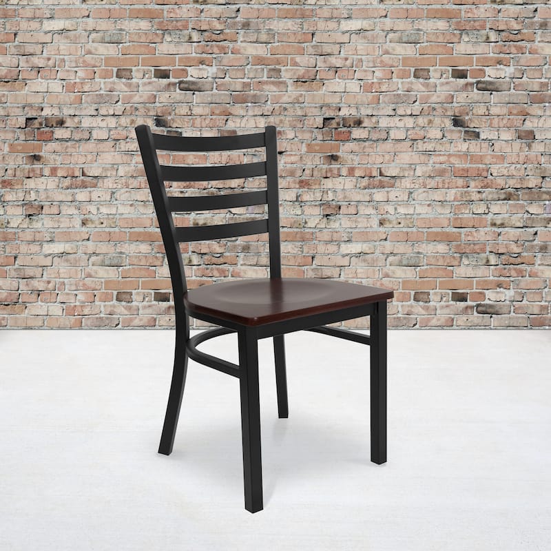 Ladder Back Metal Restaurant Chair - 16.5"W x 17"D x 32.25"H - 16.5"W x 17"D x 32.25"H - mahogany wood seat/black metal frame