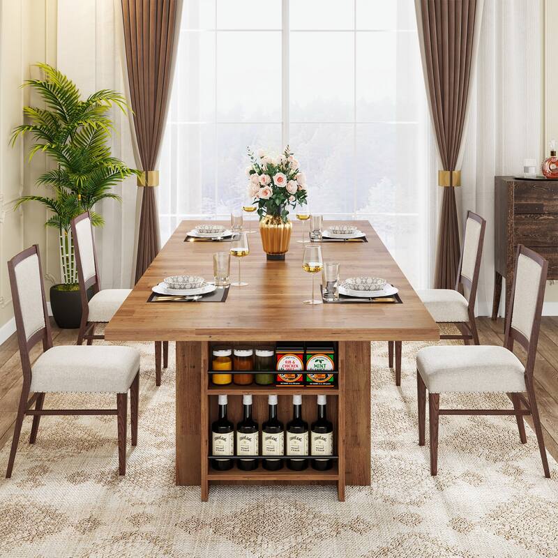 63" Farmhouse Dining Table for 6, Rectangular Wood Kitchen Table with Storage