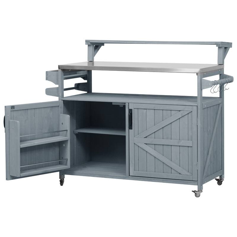 Outdoor Kitchen Island, Solid Wood Storage Cabinet with Stainless Steel Top and Lockable Wheels