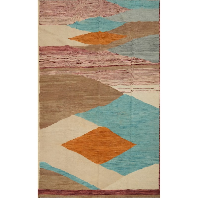 Hand Woven Oriental 100% Wool Carpet Southwestern Modern Multi-Colored Kilim Area Rug - 8' 10'' X 5' 9''
