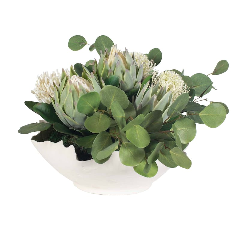 Uttermost Protea Blooms White Bowl Centerpiece - 24.00" W x 12.00" H x 16.00" D