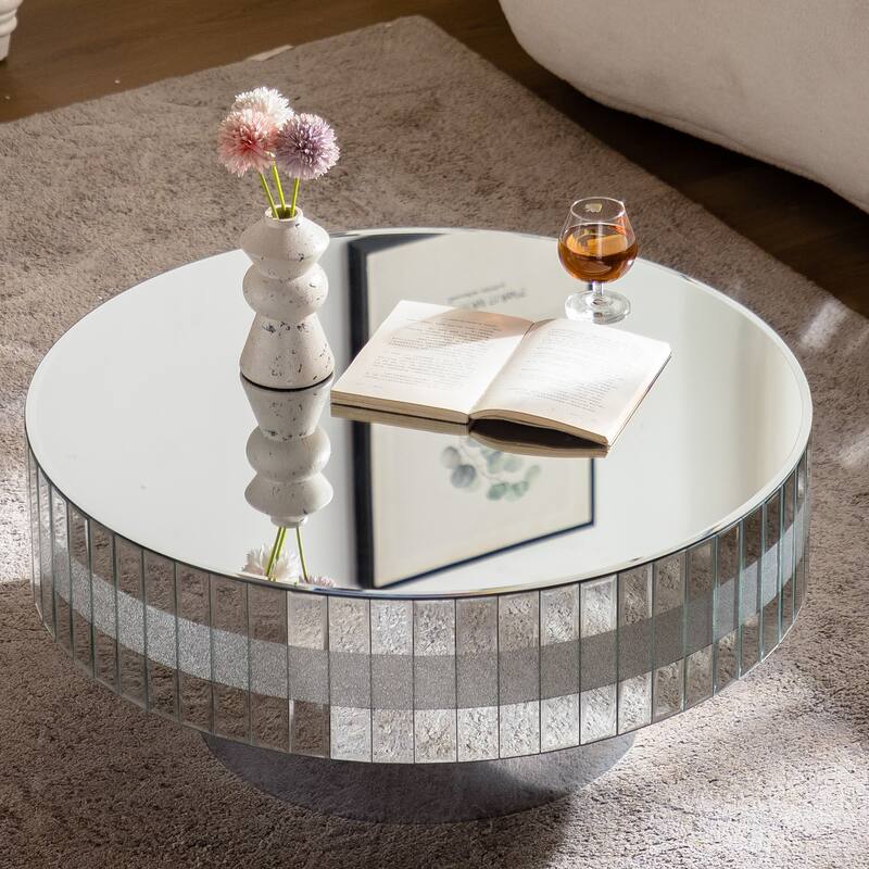 30.9" Round Silver Mirrored Coffee Table with Crushed Diamond Inlays & Crystal Edge, Modern Luxury Center Table for Living Room