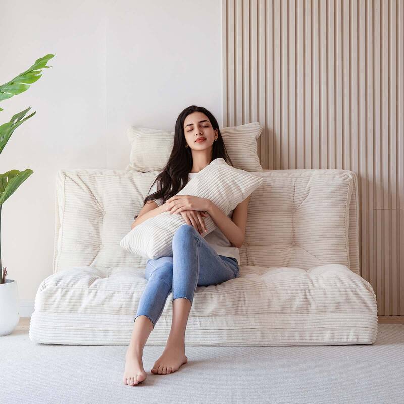 Corduroy Bean Bag Bed Tufted Folding Sofa Bed with Pillows